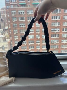 Jacquemus Black Shoulder Bag with Braided Handle and Gold Logo